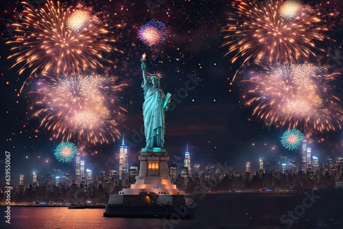 Manhattan Skyline and The Statue of Liberty at Night, New York City.