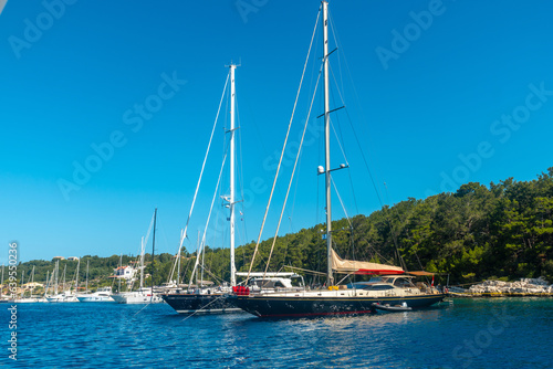 Beautiful boats in the fishing port of Fiskardo village on the island of Kefalonia  Greece