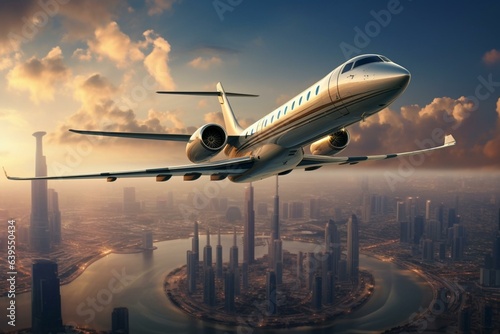 High-flying jet against stunning Dubai cityscape. Generative AI