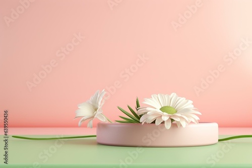 3D podium with cosmetic product presentation on pastel pink daisy flower background. Minimalistic beauty with green copy space. Generative AI