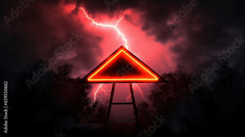 Lightning strikes a car warning sign. Red automotive safety triangle in perspective glowing on a dark background