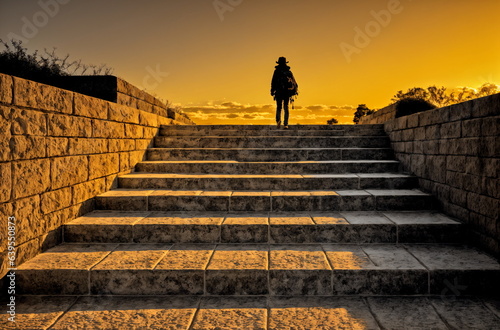 Silhouette of Solitude: Backpacker's Sunset Staircase Sojourn