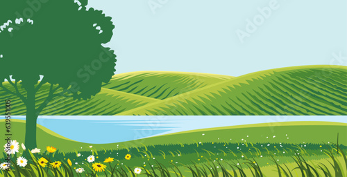  landscape with trees, flowers, river and sunny clouds in summer