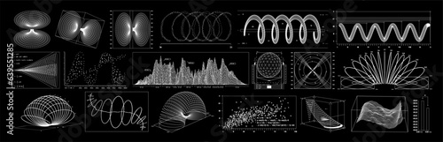 Wireframe of geometric shapes. 3D retro futuristic blueprints of spheres, waves, diagram, graphs. Vector set of graphics for design