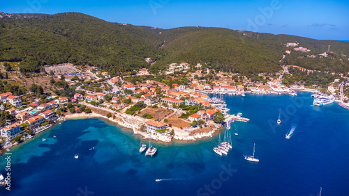 Aerial view of the port of Fiskardo village on the island of Kefalonia, Greece