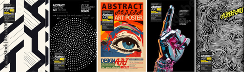 Abstract Art. Vector modern illustrations of geometric shapes, textures, eye and hand with metal foil finger for poster, pattern or background. 