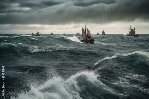Stormy ocean horizon with viking ships. Generative AI