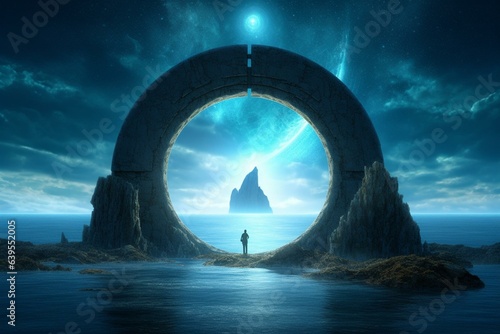 a vivid intergalactic portal stands out against the serene ocean background. Generative AI