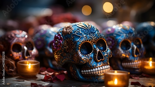  Day of the Dead altar design in Mexico. Blue sugar skulls, and candles .