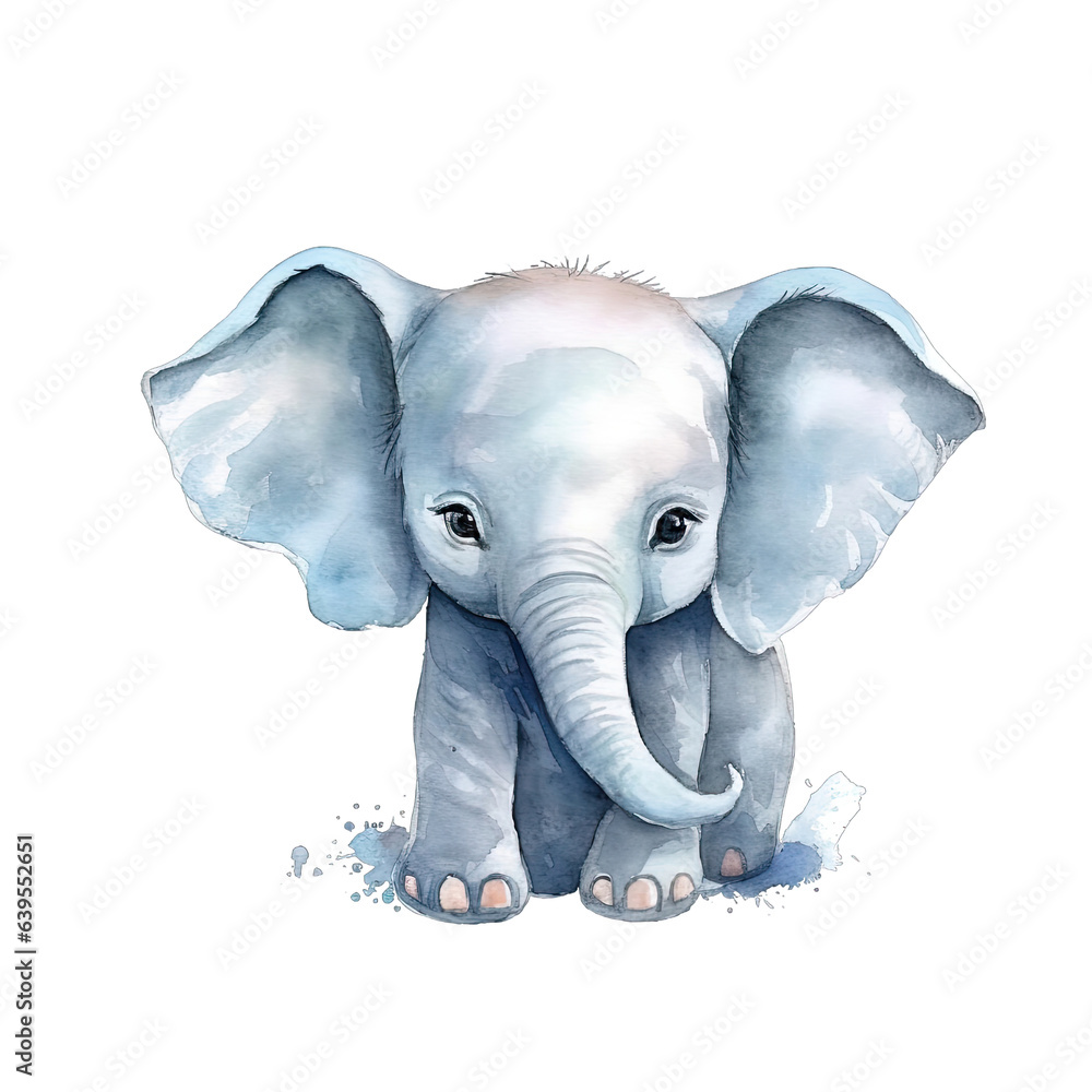 Baby Elephant Watercolor Portrait isolated on transparent background png - Generative AI