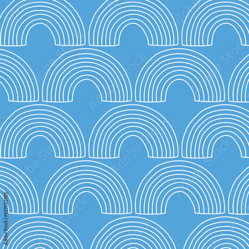 Pattern of white graphic rainbow symbol on blue color background