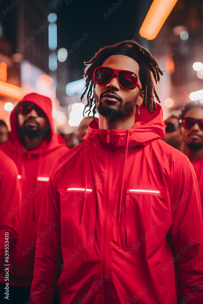 Black men exude street style while wearing red hoodie coats and sunglasses, embodying a fashionable and urban inspiered look. Black men exude street style while wearing red hoodie coats and sunglasses, embodying a fashionable and urban inspiered look.