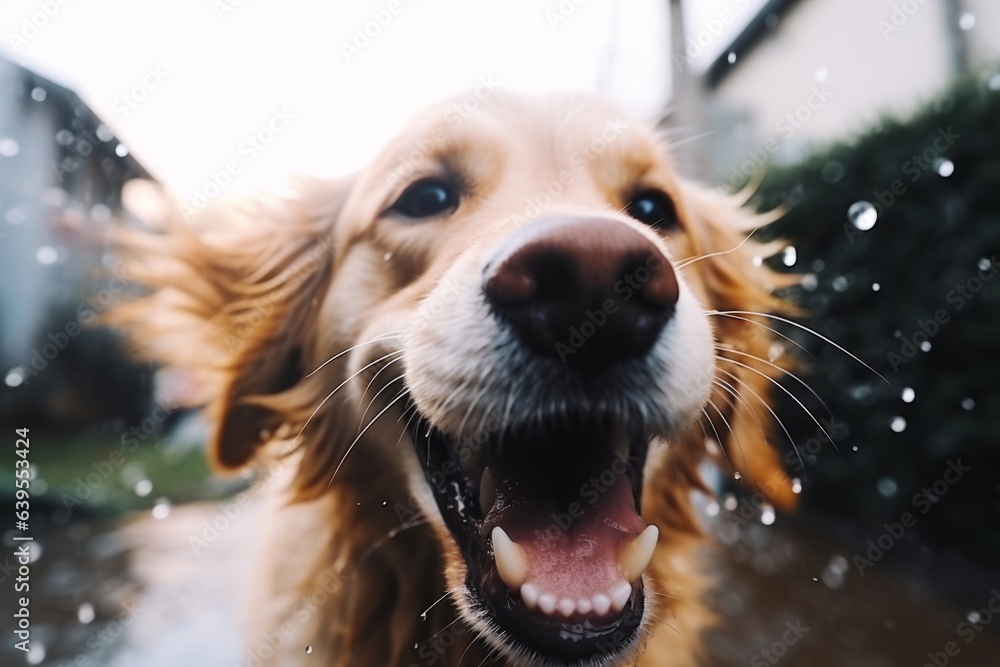 Cute happy smiling laughing wet muzzle Golden Retriever dog enjoying looking walk in water drop rain outside. Funny pet portrait. Homeless animal plaintive eyes puppy care veterinary health service