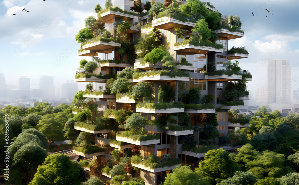 environmentally friendly residential areas, apartment building and growing green plants and trees on building.