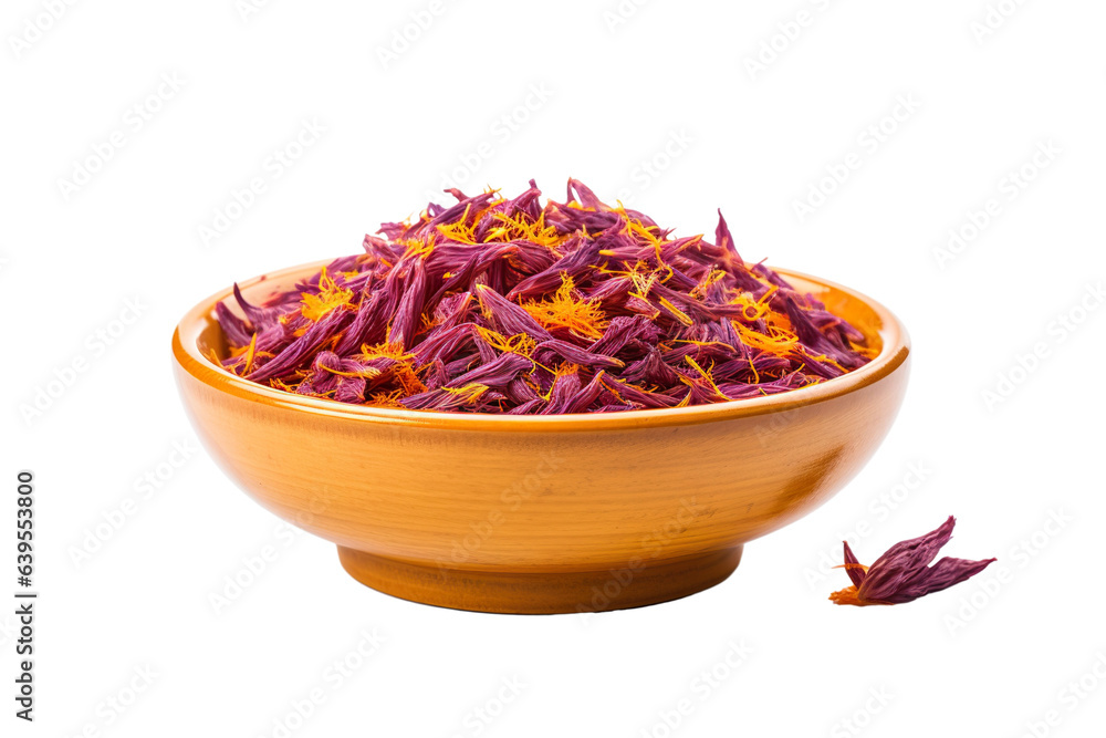 Dried saffron flowers in a bowl isolated on a white background PNG Dried saffron flowers in a bowl isolated on a white background PNG
