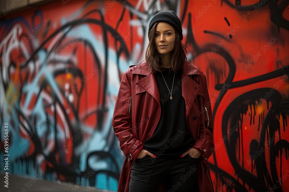 happy woman wearing red jacket with graffiti street art background,  Generative Ai