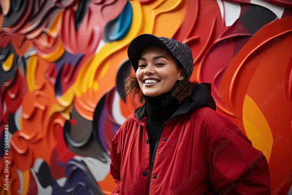 Naklejka premium szczęśliwa kobieta ubrana w czerwoną kurtkę z graffiti w tle sztuki ulicznej, Generative Ai