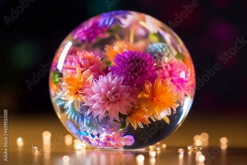 Flowers crystal sphere. Generate Ai