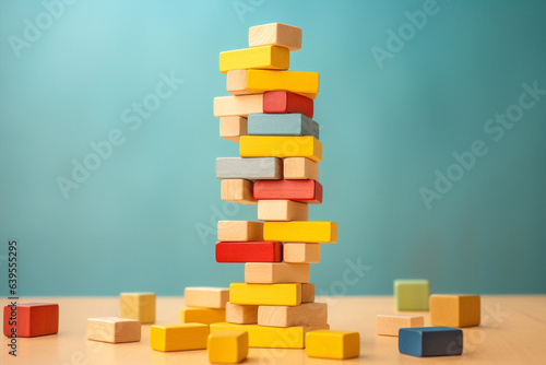 Block play toy brick wood concept build education balance school stack tower wooden