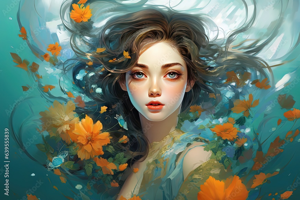 close up anime style illustration, young pretty girl in fancy fantasy dress in flower field, girl wallpaper, Generative Ai