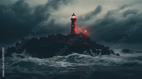 red lighthouse on rock cove at evening time in bad weather, dark cloud ragging sea, Generative Ai