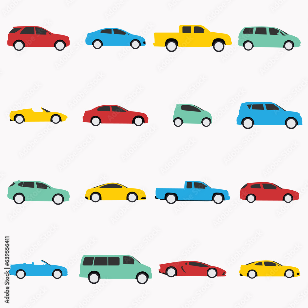 flat of colored cars with side view
