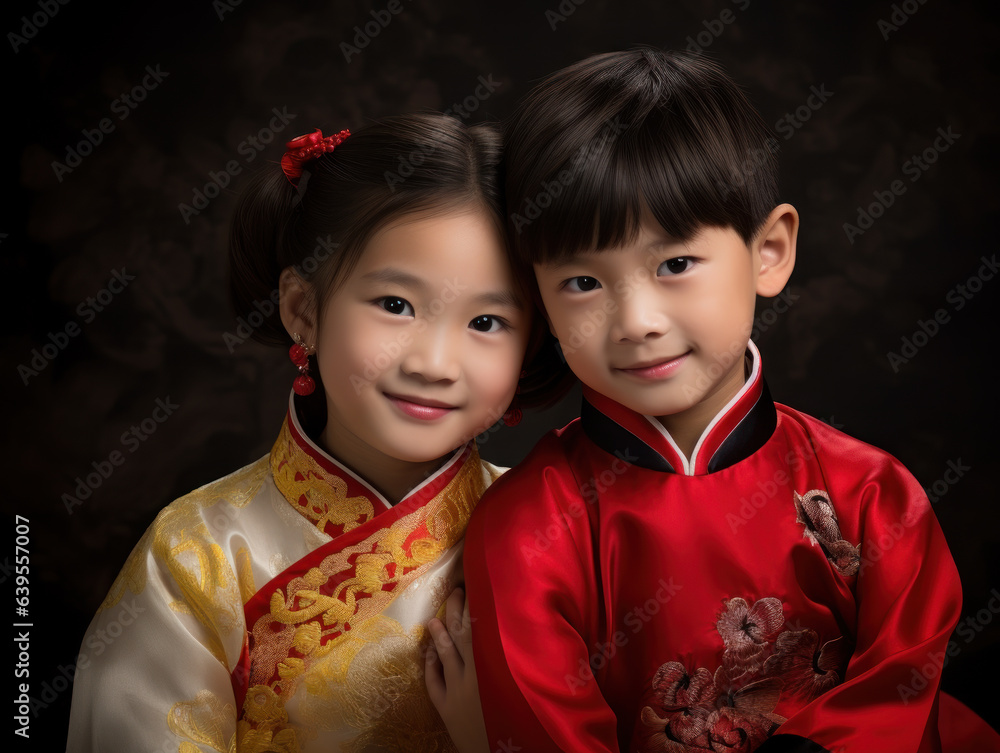 Two asian kids wearing traditional chinese clothes smiling in Chinese New Year celebration concept Two asian kids wearing traditional chinese clothes smiling in Chinese New Year celebration concept
