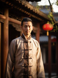 young asian man wearing  white traditional dress outdoors