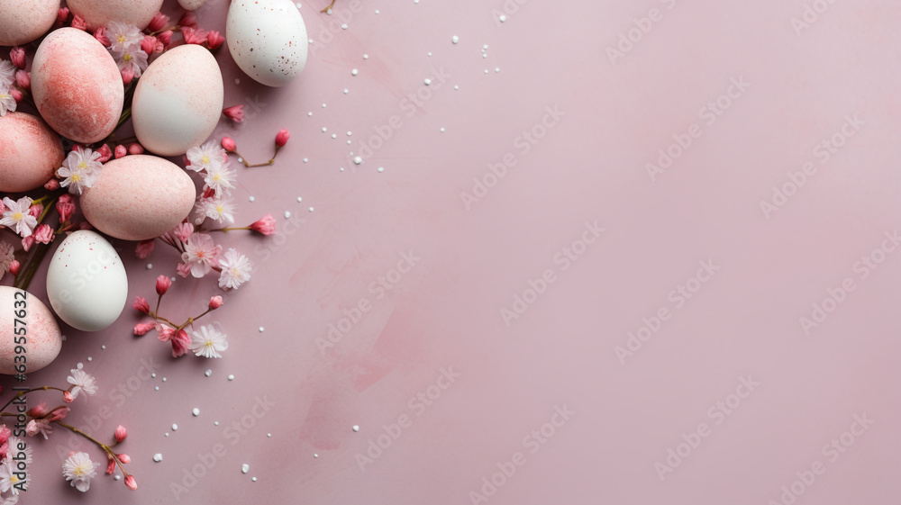 Easter christian natural floral banner copy space border decorated with egg pink blooming flowers lily rose tender delicate feminine religious Easter christian natural floral banner copy space border decorated with egg pink blooming flowers lily rose tender delicate feminine religious