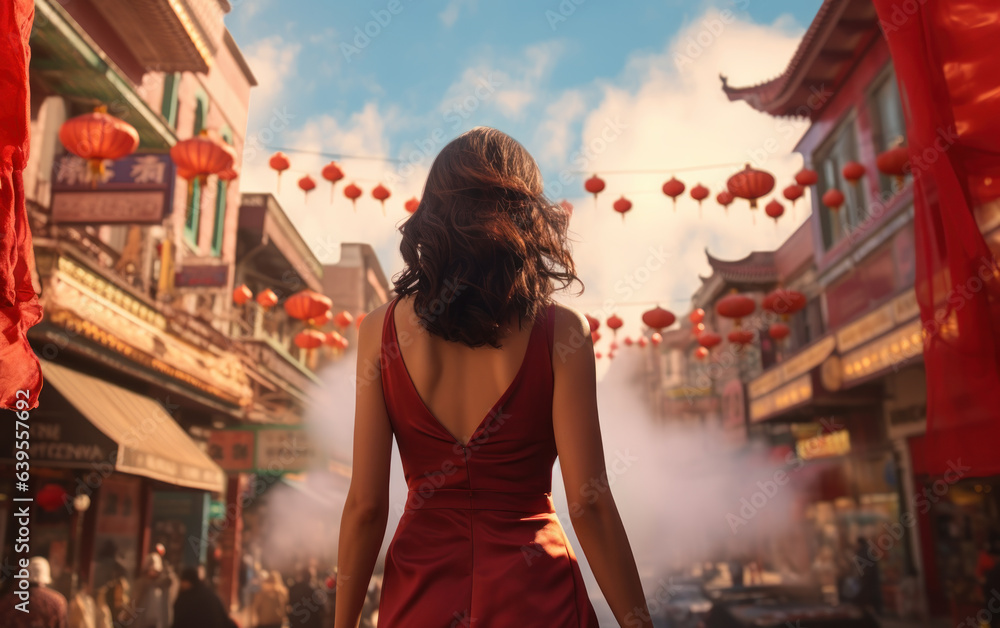 Chinese woman walking in Chinese new year festival decorated with lanterns on chinatown 
