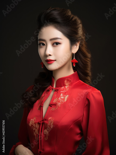 Portrait smiling beautiful young Chinese woman in traditional red dress in dark room background