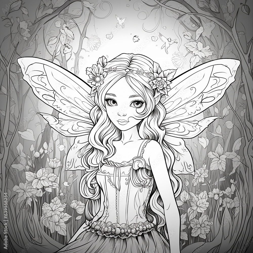 Enchanting Fairy Coloring Page for Kids Stock Illustration | Adobe Stock