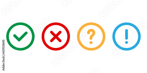 Check and cross, question mark, and exclamation point icon set. Vector illustration photo