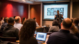 A professional leads a cybersecurity training session for employees, emphasizing best practices. The photography captures the engagement of participants, showcasing the educational aspect of safeguard