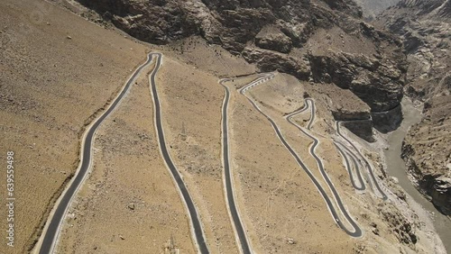 Aerial Drone shot of curvy road, ghata loops in Himachal Pradesh.  photo