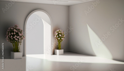 white room with arch and flowers in the wall, copy space photo