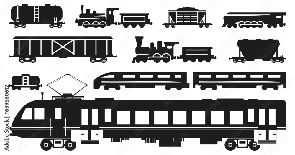 Freight train with locomotive, passenger train icons collection. Black silhouette of freight trains collection. Set of railway transport silhouette