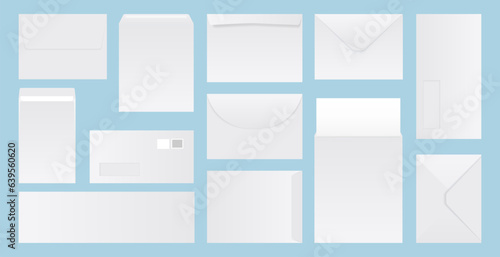 Blank post envelope collection. Set of realistic white envelopes template. Blank paper envelopes. Folded and unfolded white envelope collection