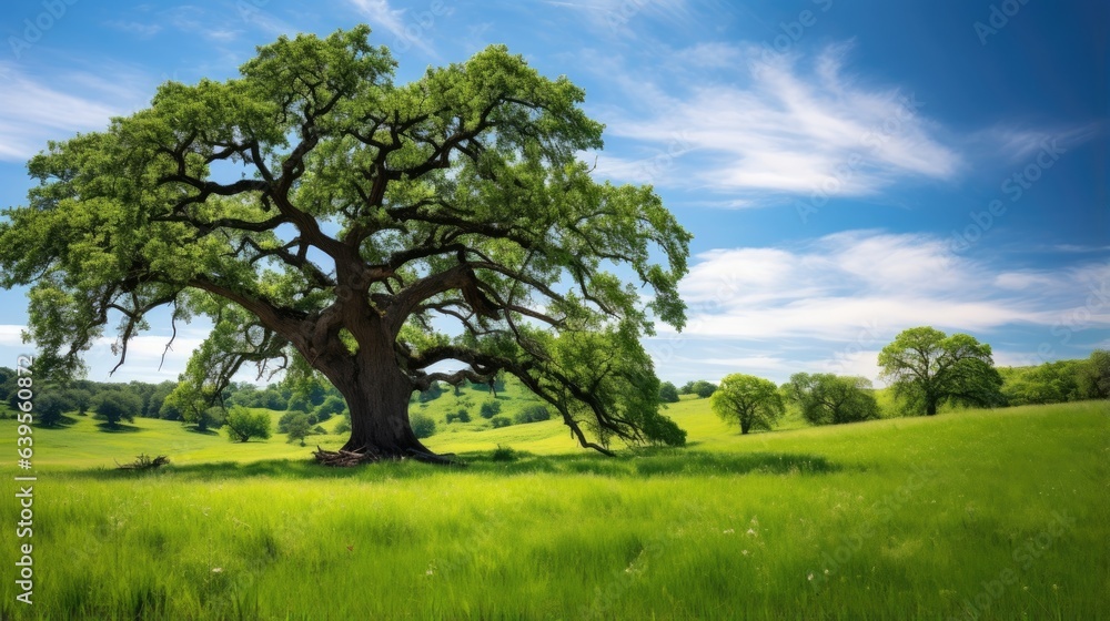 Obraz premium Meadow at summertime and an old, big oak standing in the middle