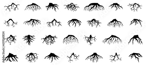 Tree roots silhouette collection. Set of black tree roots silhouettes. Tree root logo collection