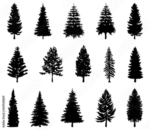 Conifer trees silhouette collection. Set of bundle of trees silhouette. Spruce tree silhouette. Christmas and New Year trees silhouette collection