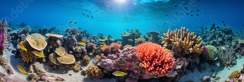 Marine life under the sea: a coral reef teeming with diverse species, bright colors