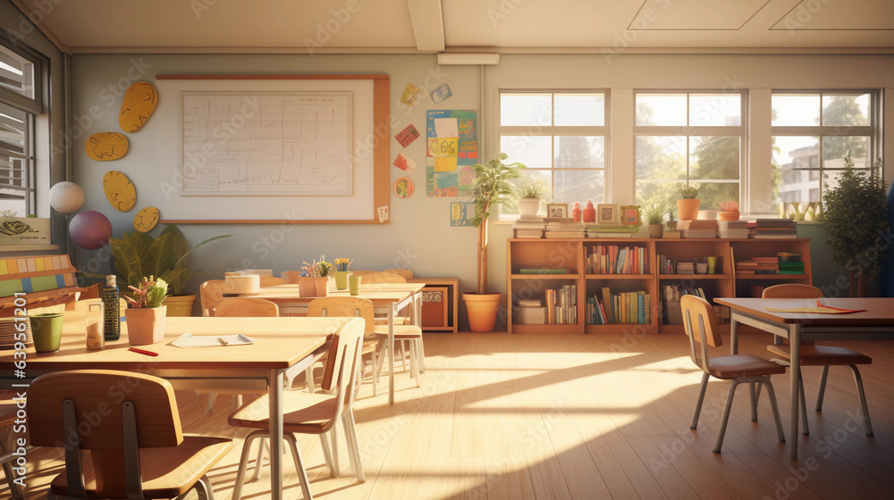 a modern classroom environment, filled with adaptive teaching aids for children with special needs. There's a touch of soft golden sunlight streaming in
