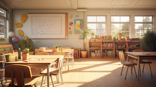a modern classroom environment  filled with adaptive teaching aids for children with special needs. There s a touch of soft golden sunlight streaming in