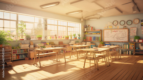 a modern classroom environment, filled with adaptive teaching aids for children with special needs. There's a touch of soft golden sunlight streaming in