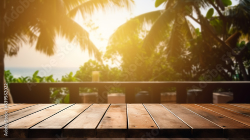 Tropical natural background wooden table product display mockup placement for good with blurred rainforest and ocean  sea  vacation relax style  