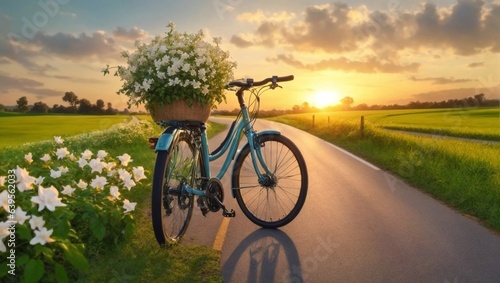 bicycle in the field with beautiful background sunset