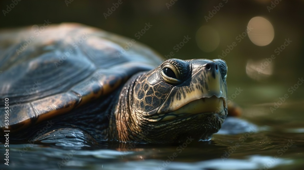Fototapeta premium Portrait of the turtle floated to the surface. A giant sea turtle swims in its natural habitat. Exotic wildlife animal reptile. Close-up.