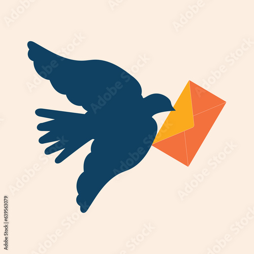 Concepts of development of communications. A blue carrier pigeon carrying a letter flies isolated on a light pink background. 