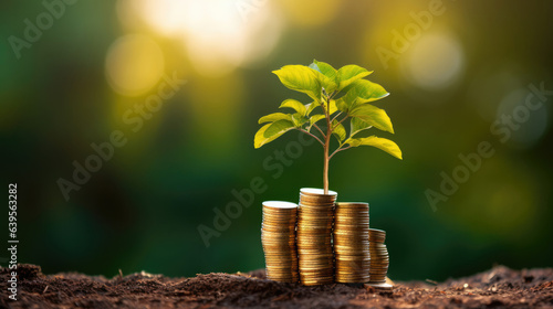 Coin tree The tree grows on the pile. Saving money for the future. Investment Ideas and Business Growth. Green background with bokeh sun